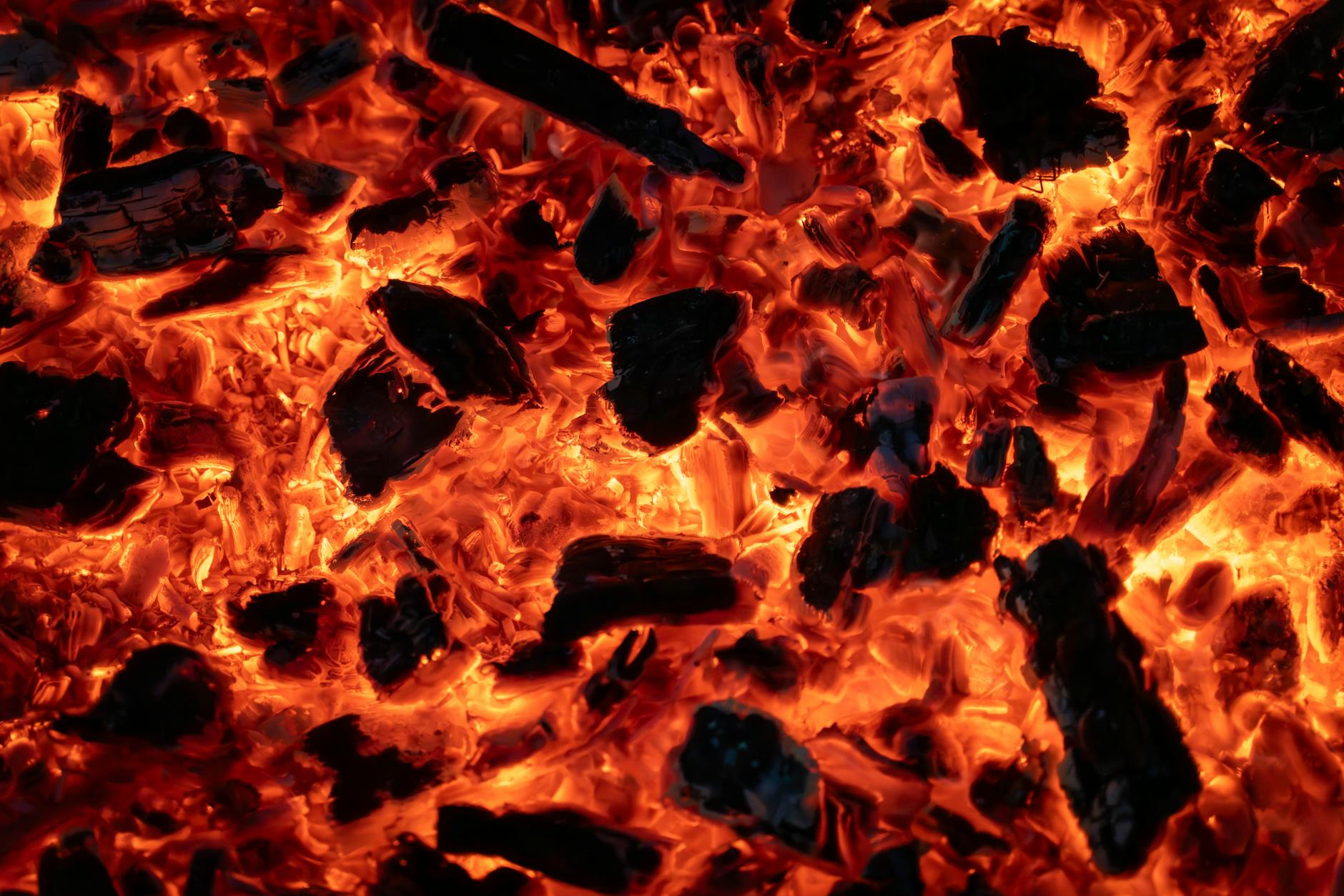 Żarzące się kawałki węgla i zwęglone drewno w zbliżeniu