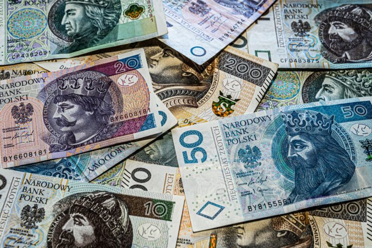 Zbliżenie na polskie banknoty złotowe o różnych nominałach